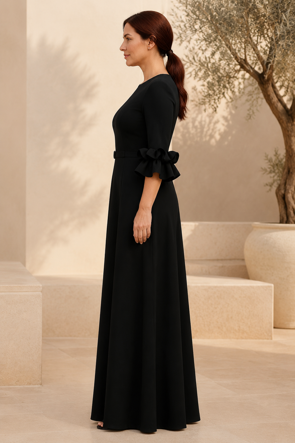 Belted A-Line Maxi Dress with Ruffled Cuff Sleeves