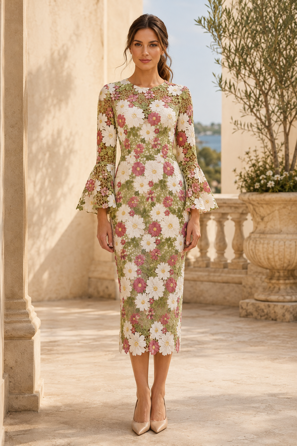 Floral Lace Midi Sheath Dress with Bell Sleeves