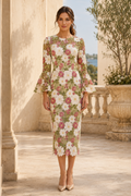 Floral Lace Midi Sheath Dress with Bell Sleeves
