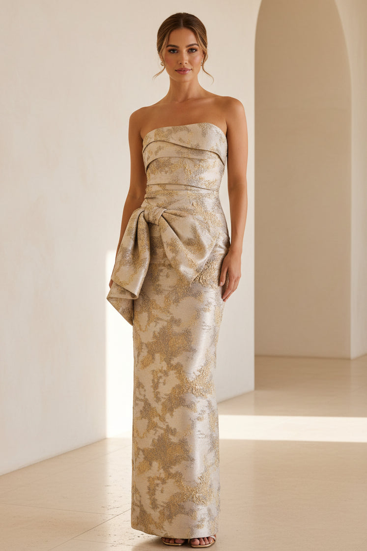 Strapless Metallic Jacquard Column Evening Gown