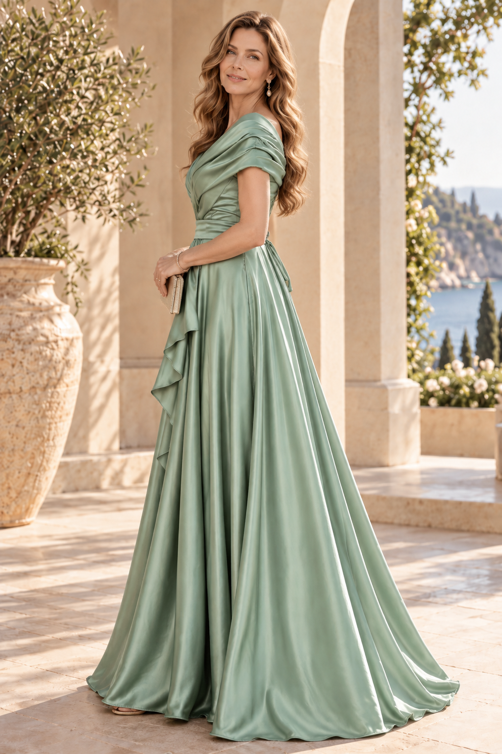 Pleated V-Neck Satin A-Line Gown with Front Drape