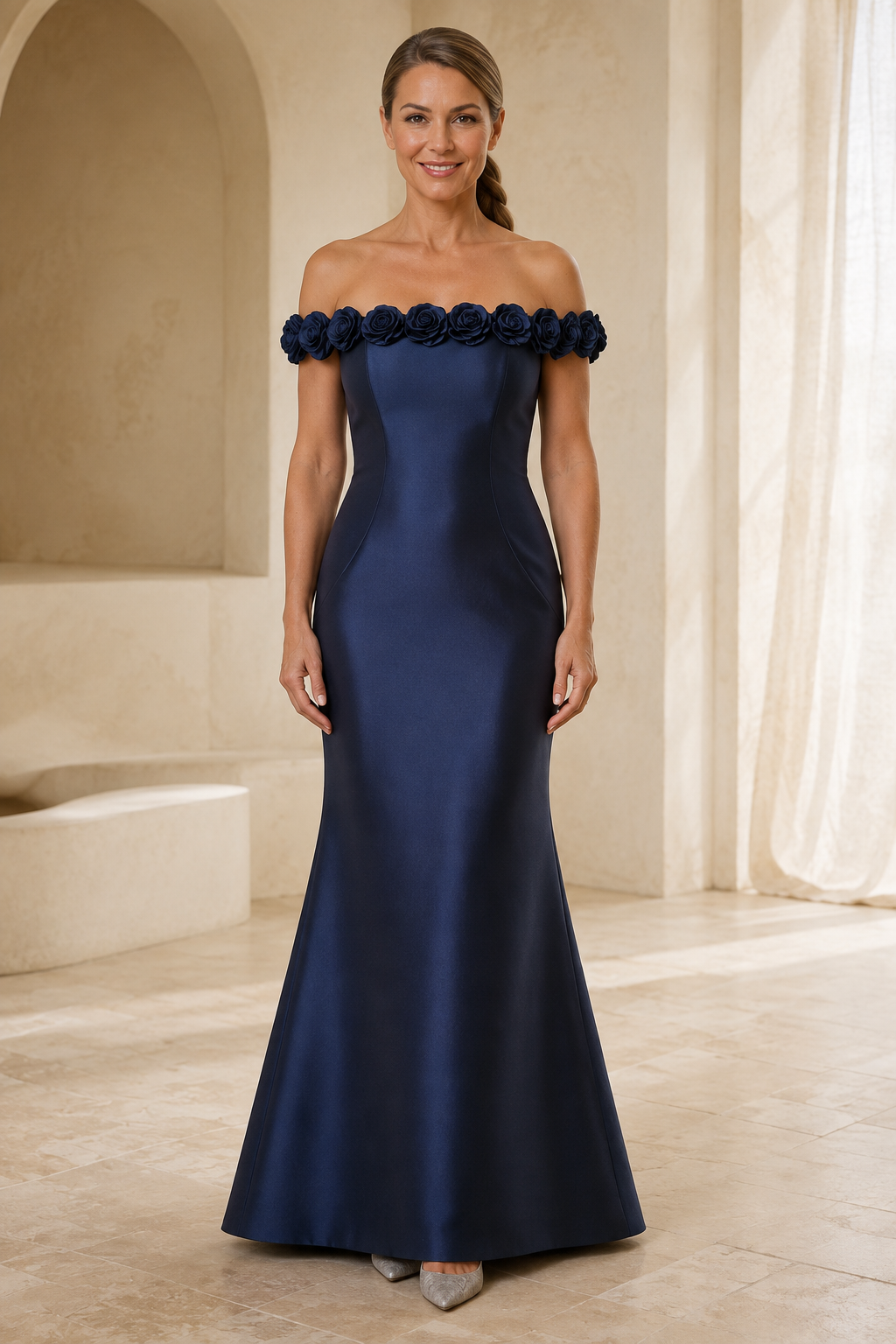 Off-the-Shoulder Satin Mermaid Gown with 3D Floral Trim