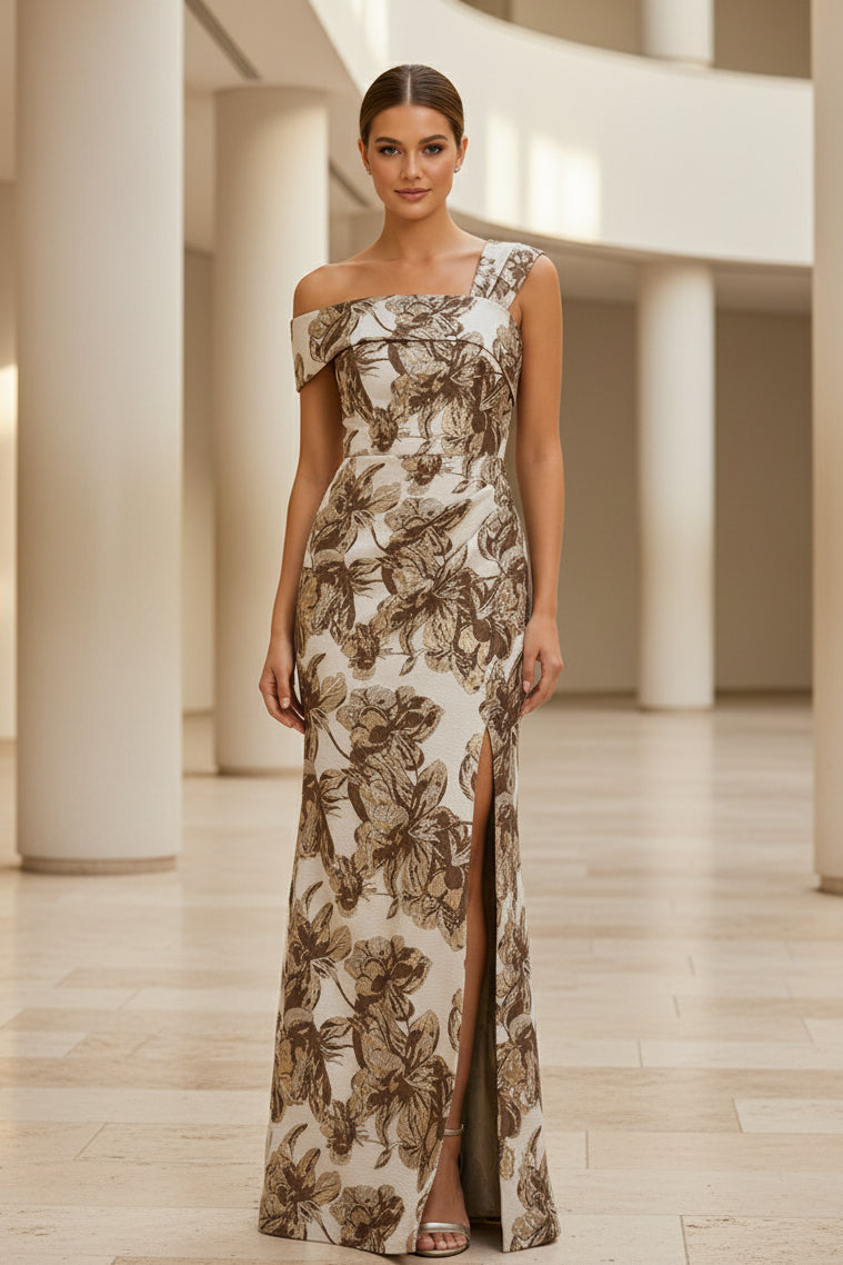 Floral Jacquard One-Shoulder Slit Evening Gown