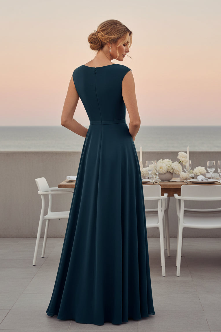 V-Neck Chiffon A-Line Evening Gown with Ruffle Detail