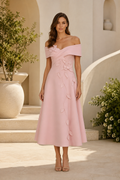 Off-the-Shoulder Floral Applique Midi Dress
