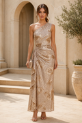 One-Shoulder Floral Sequin Draped Gown