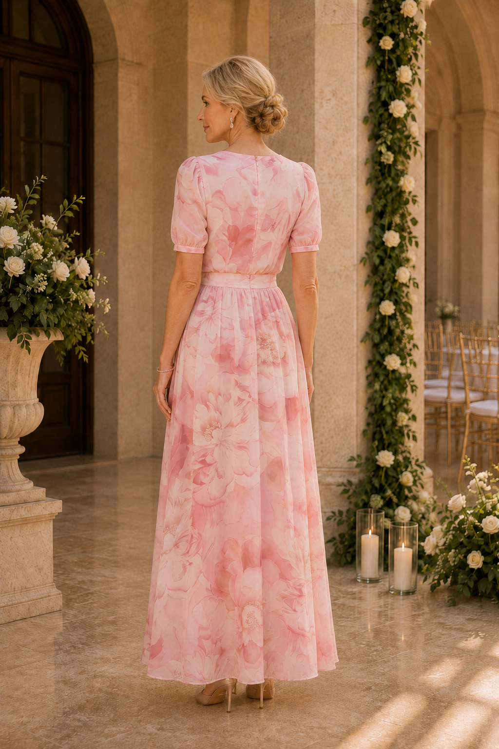 Floral Print A-Line Maxi Dress with Puff Sleeves
