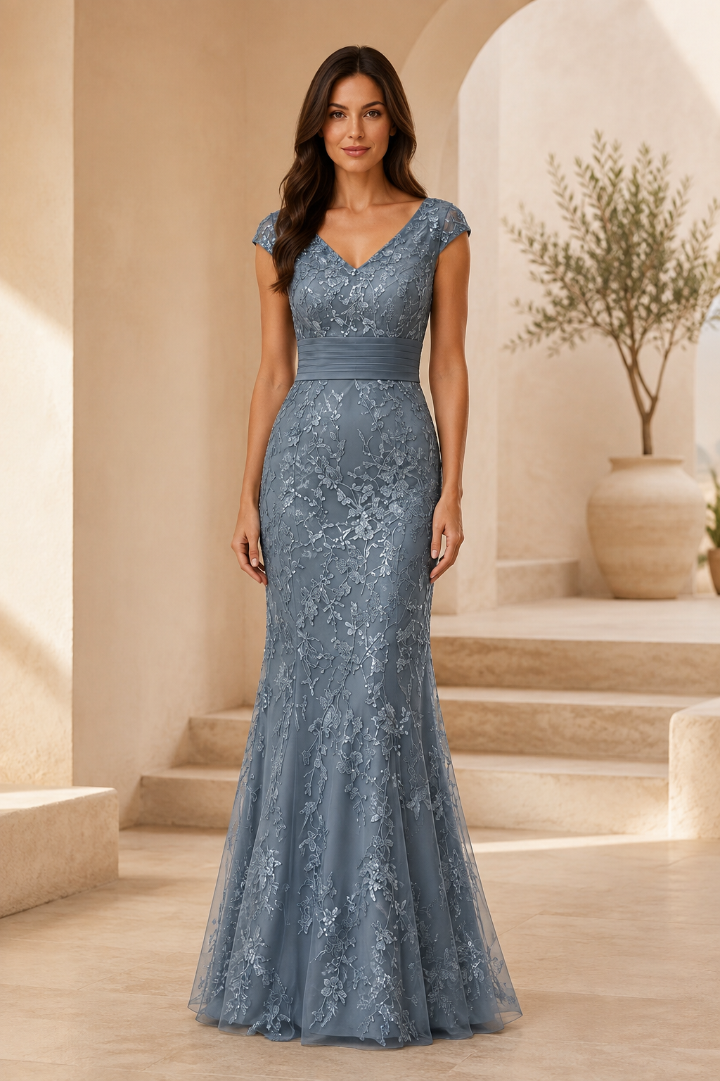 Floral Lace Mermaid Evening Gown with Cap Sleeves