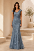 Floral Lace Mermaid Evening Gown with Cap Sleeves