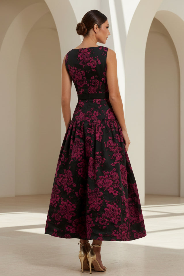 Floral Jacquard Sleeveless Midi Dress with Bow