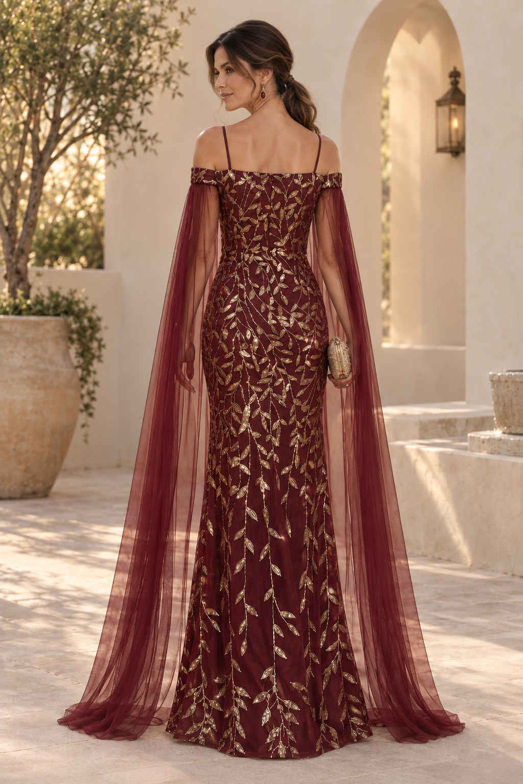 Sequin Leaf Off-Shoulder Gown with Cape Sleeves