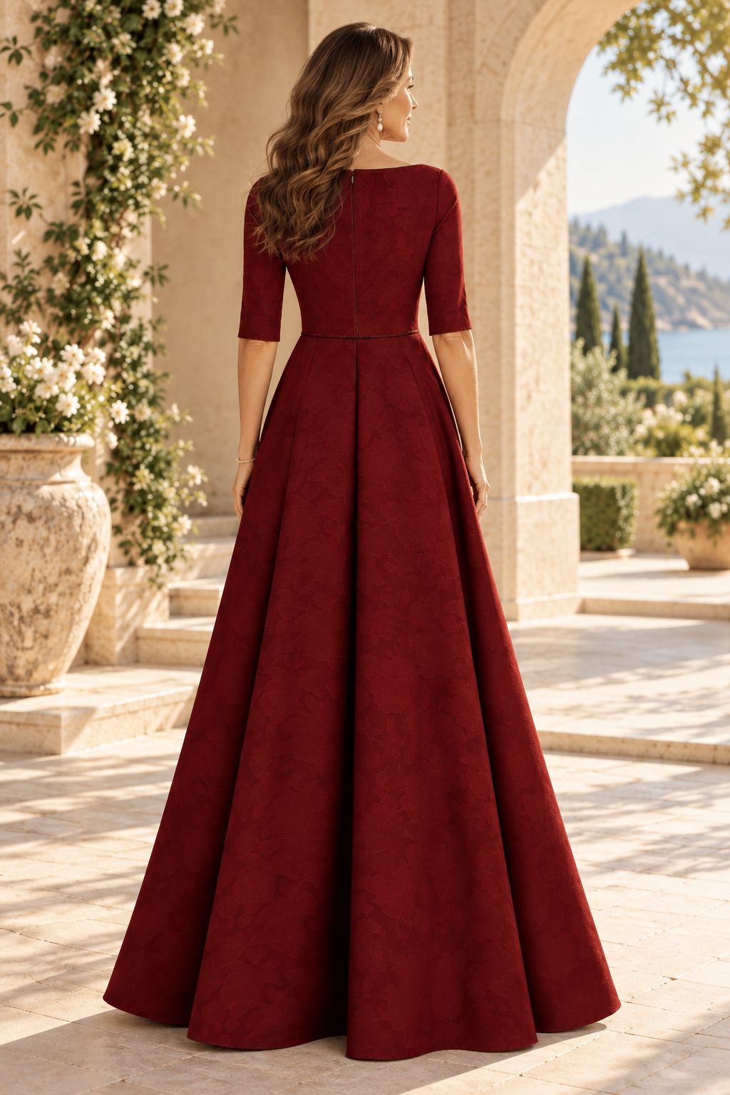Jacquard A-Line Gown with Slit Neckline & 3/4 Sleeves