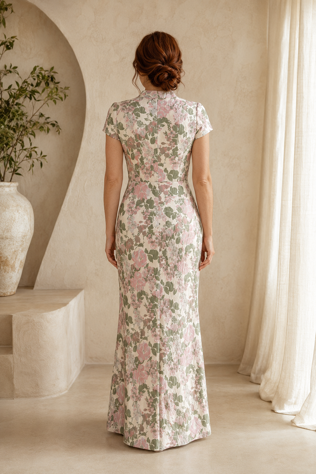 Floral Jacquard Wrap Dress with High Neck & Cap Sleeves