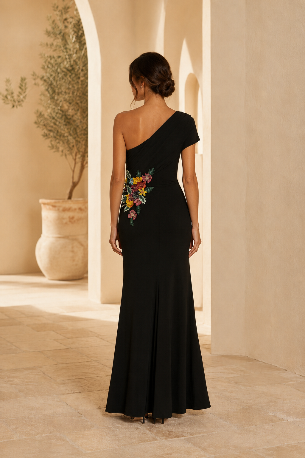 One-Shoulder Floral Embroidered Slit Evening Gown