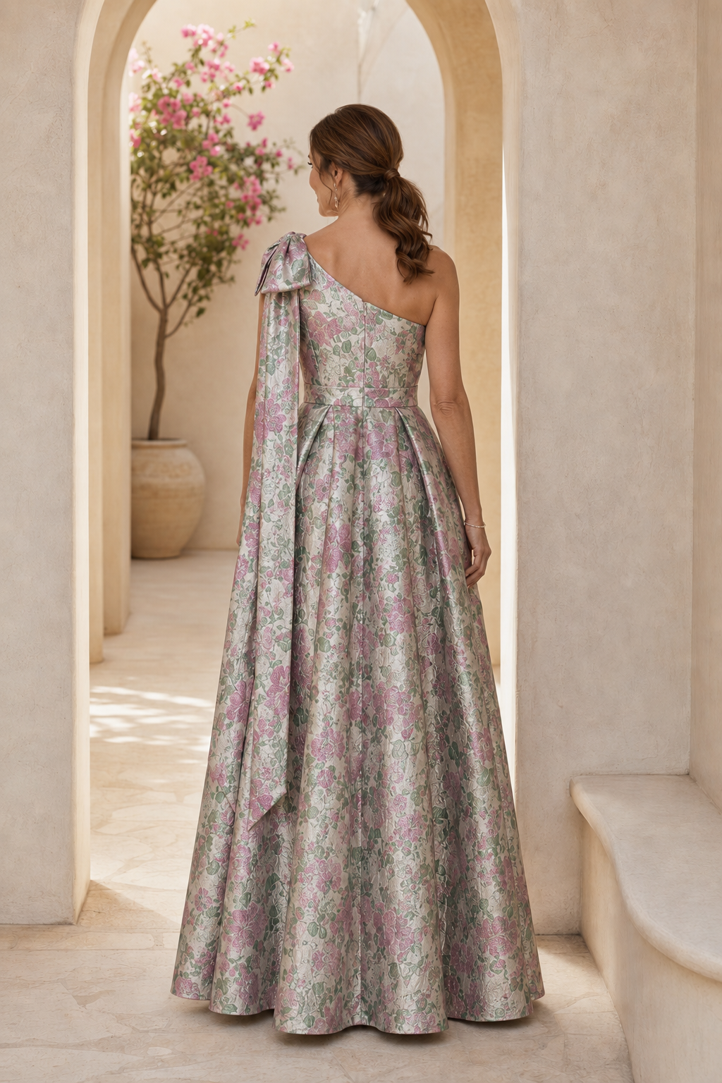 One-Shoulder Floral Jacquard A-Line Gown