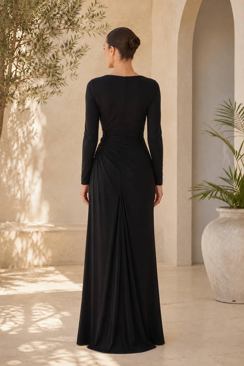 Long Sleeve Ruched Sheath Gown with 3D Floral Detail