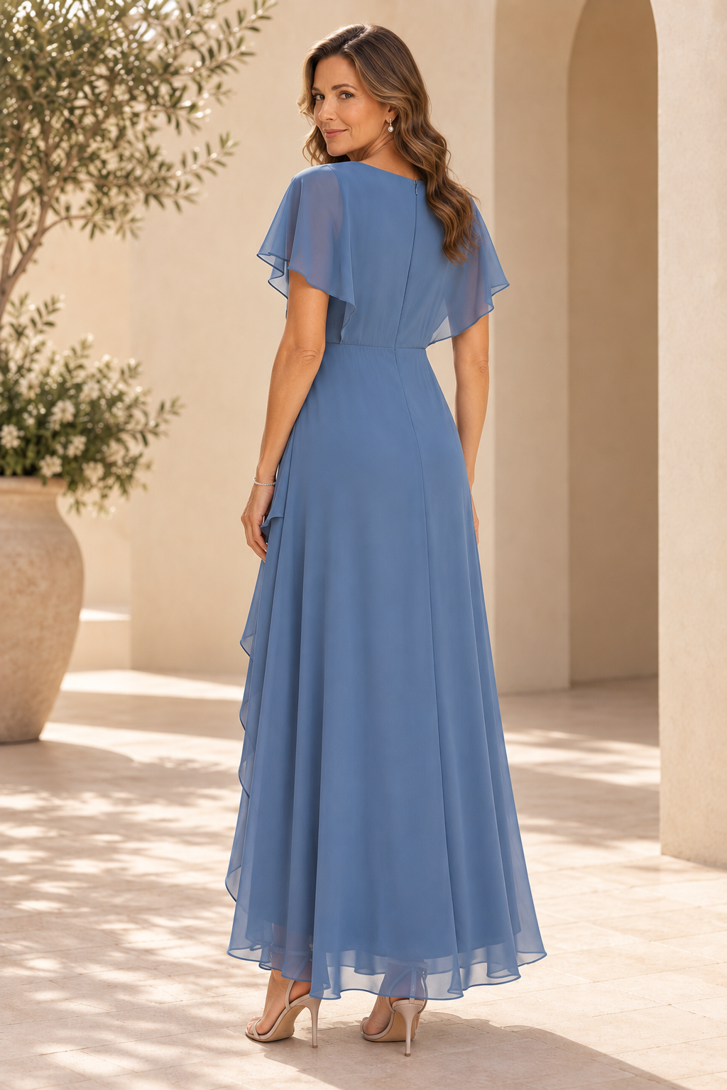 Flutter Sleeve High-Low Chiffon Formal Dress
