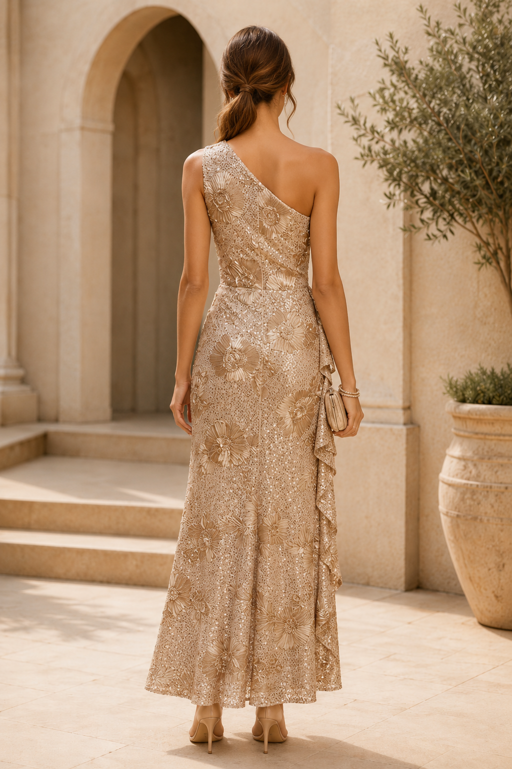 One-Shoulder Floral Sequin Draped Gown
