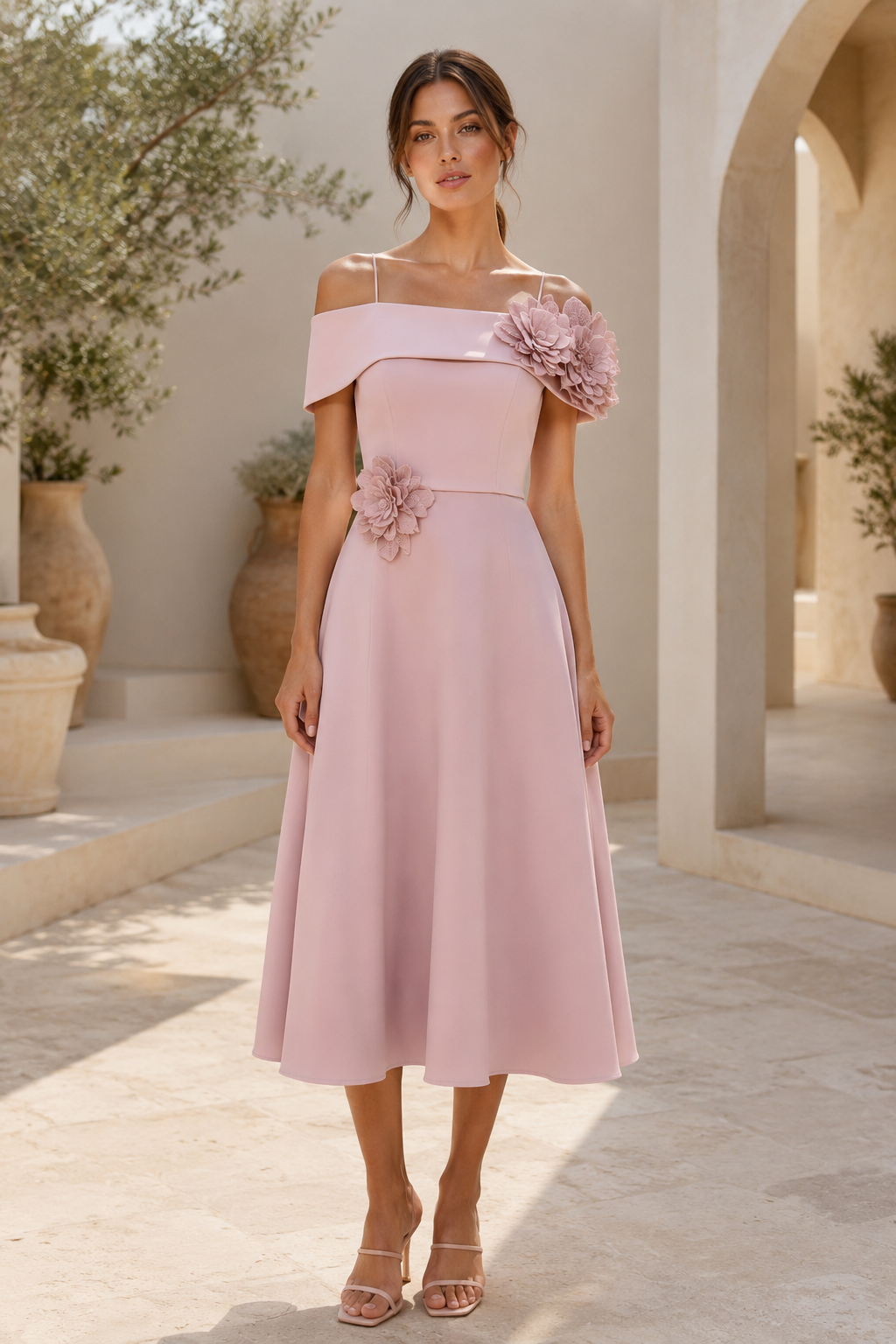 3D Floral Off-Shoulder Midi Dress with Back Bow