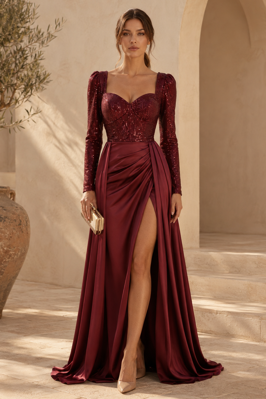 Sequin Corset Bodice Gown with High Slit