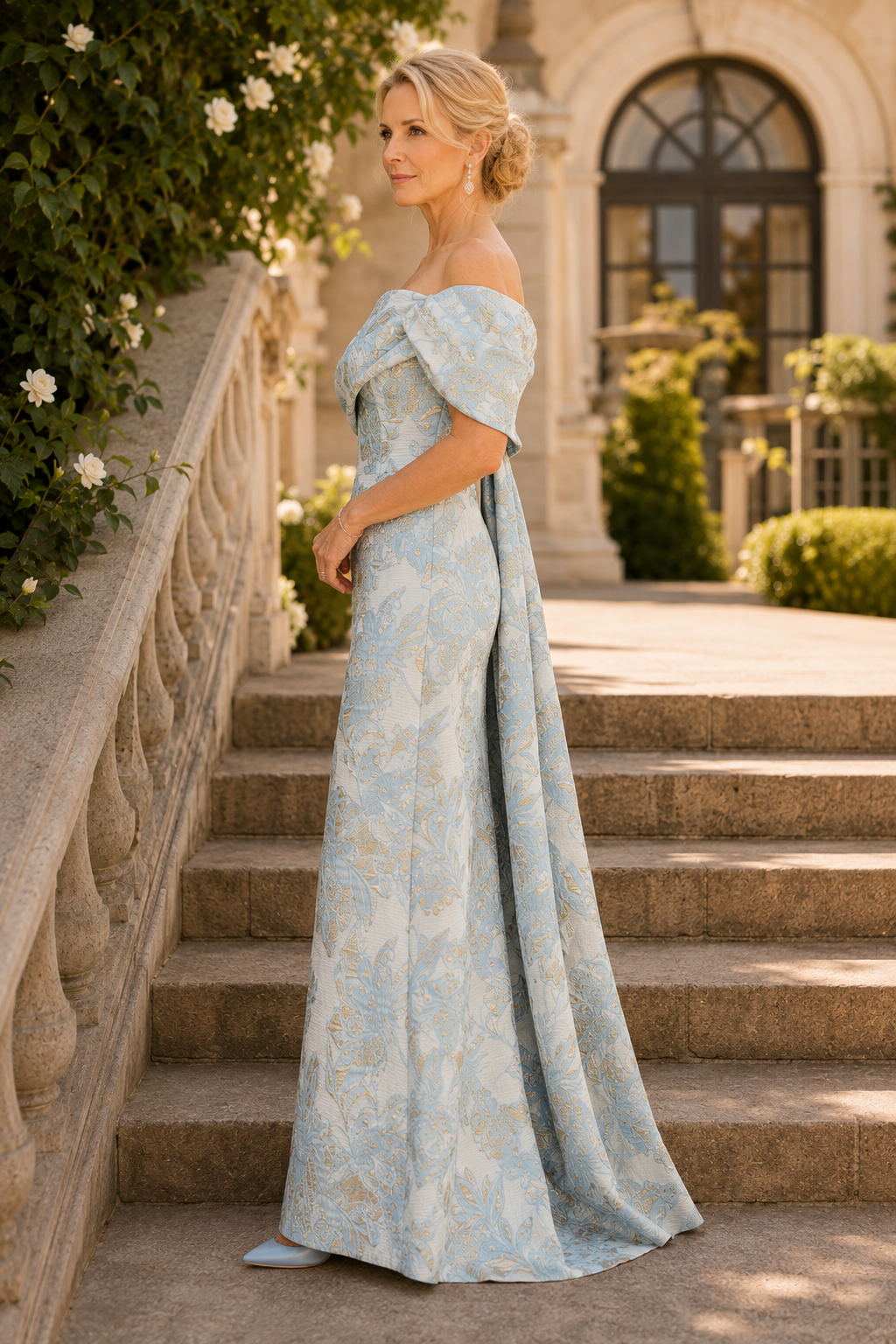 Off-Shoulder Brocade Gown with Draped Cape