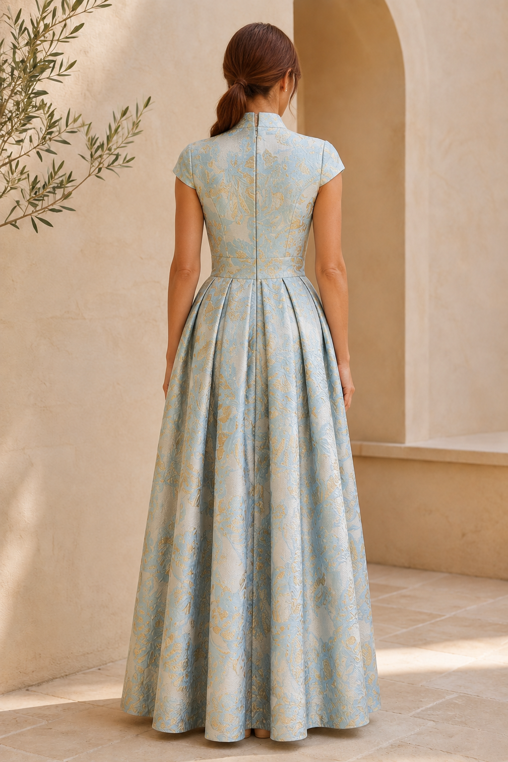 Floral Jacquard V-Neck A-Line Gown with Cap Sleeves