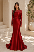 Pearl-Beaded Long Sleeve Satin Mermaid Evening Gown
