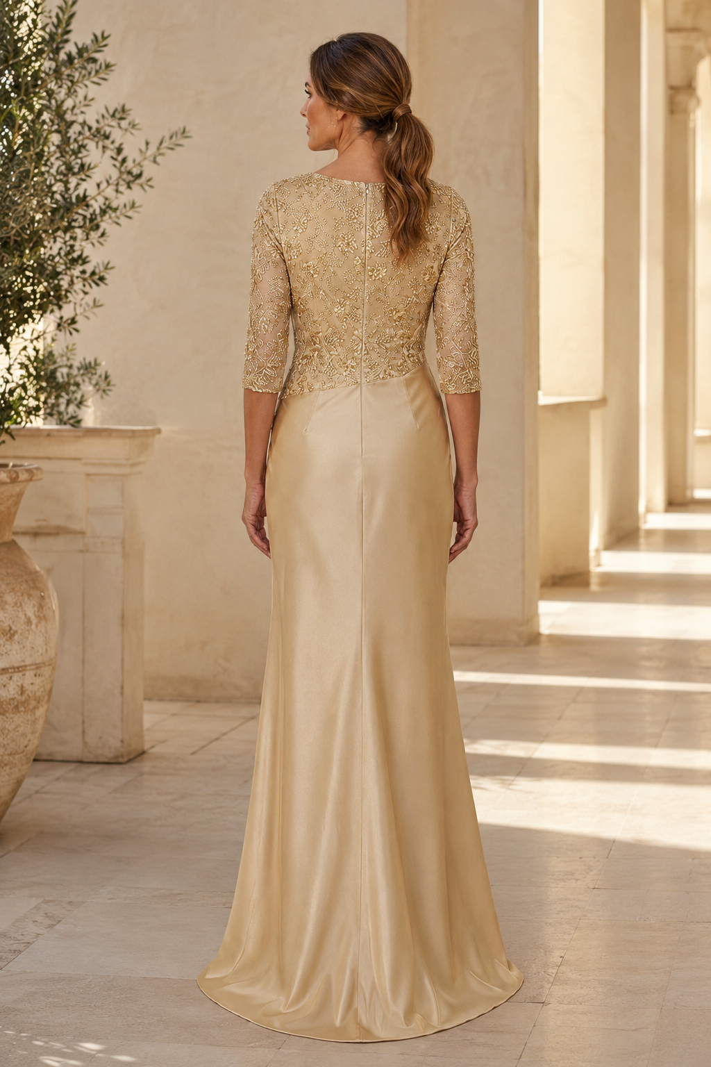 Embroidered 3/4 Sleeve Asymmetrical Satin Gown