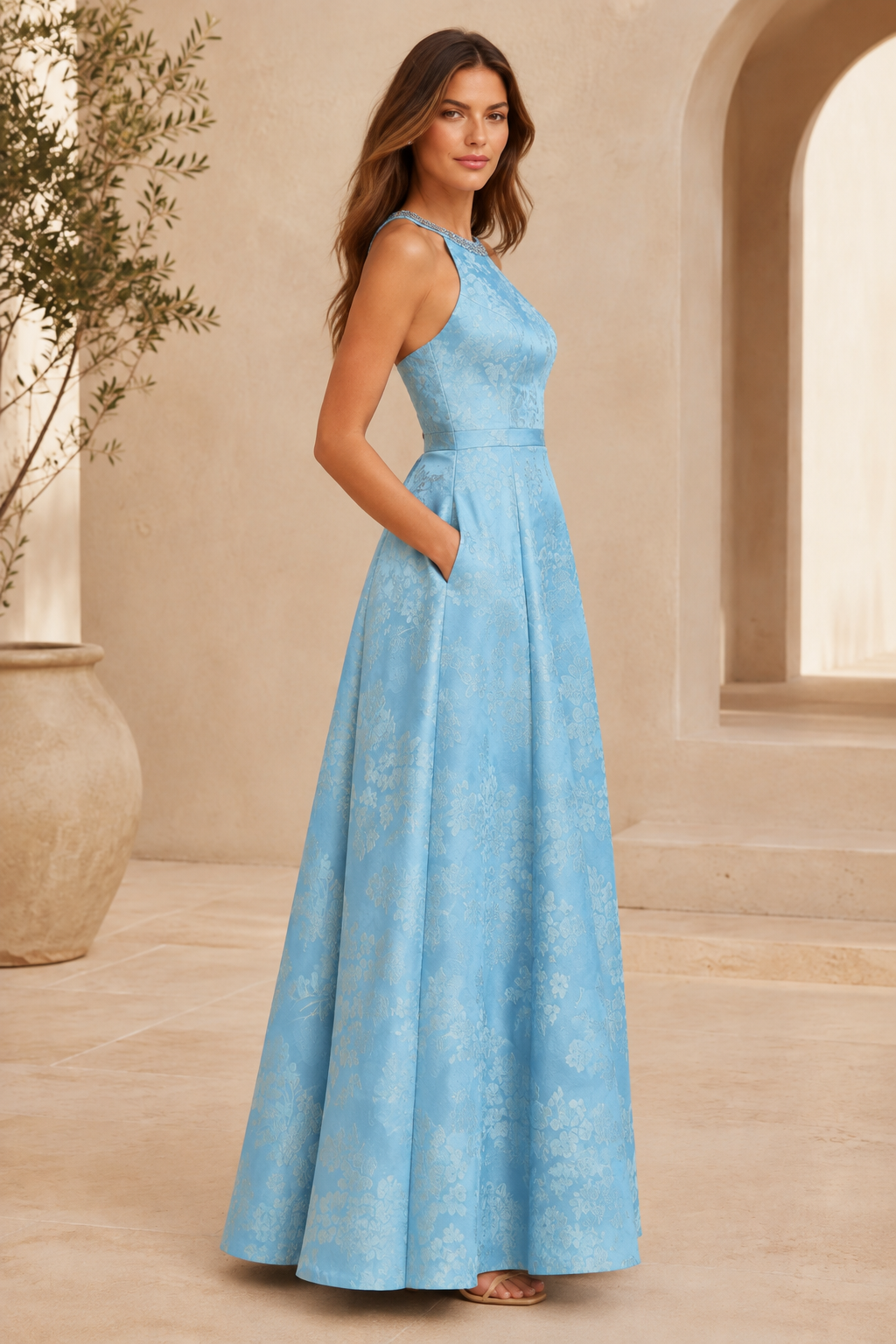 Floral Jacquard Halter Gown with Beaded Neckline