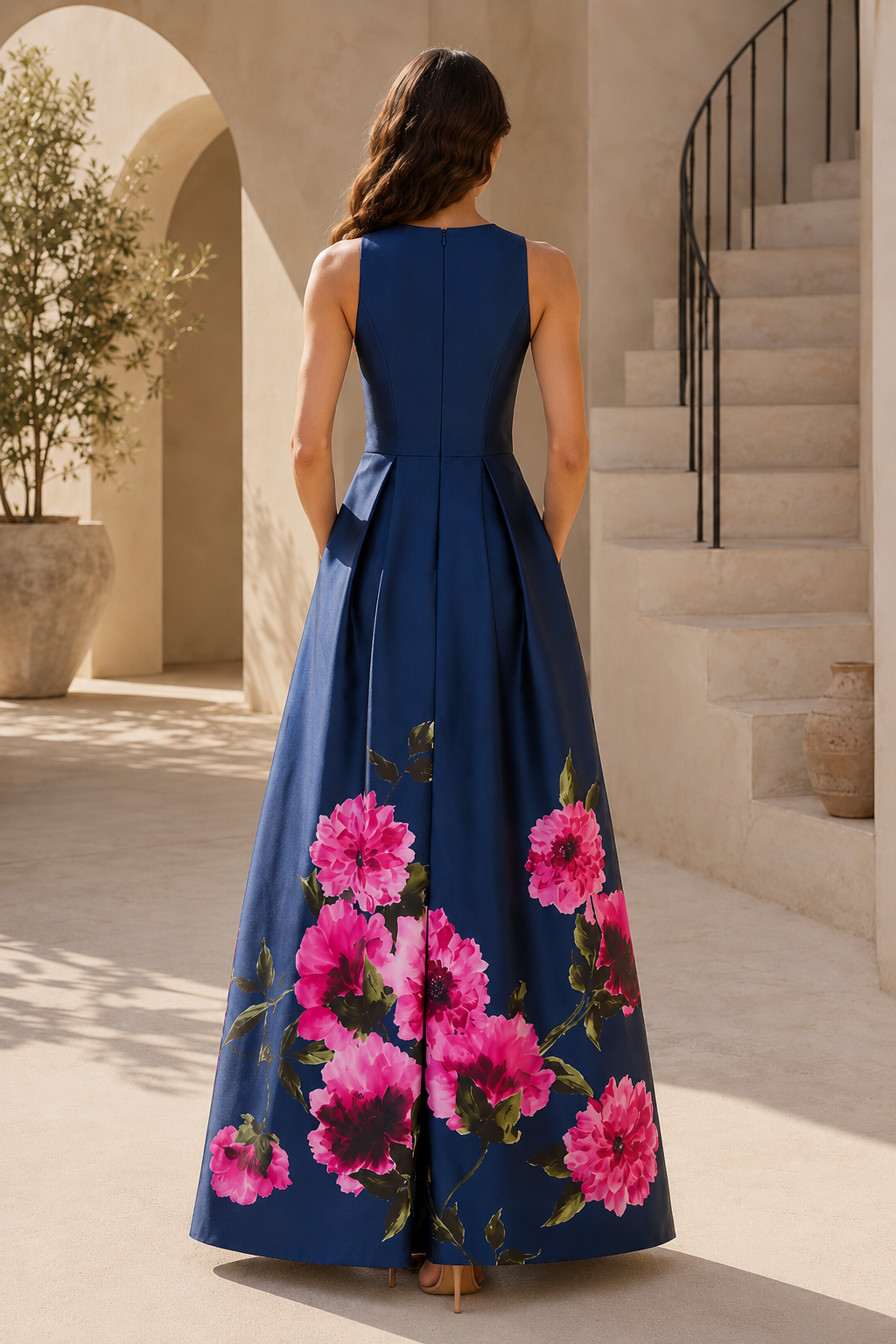 Floral Print Bow-Waist A-Line Evening Gown