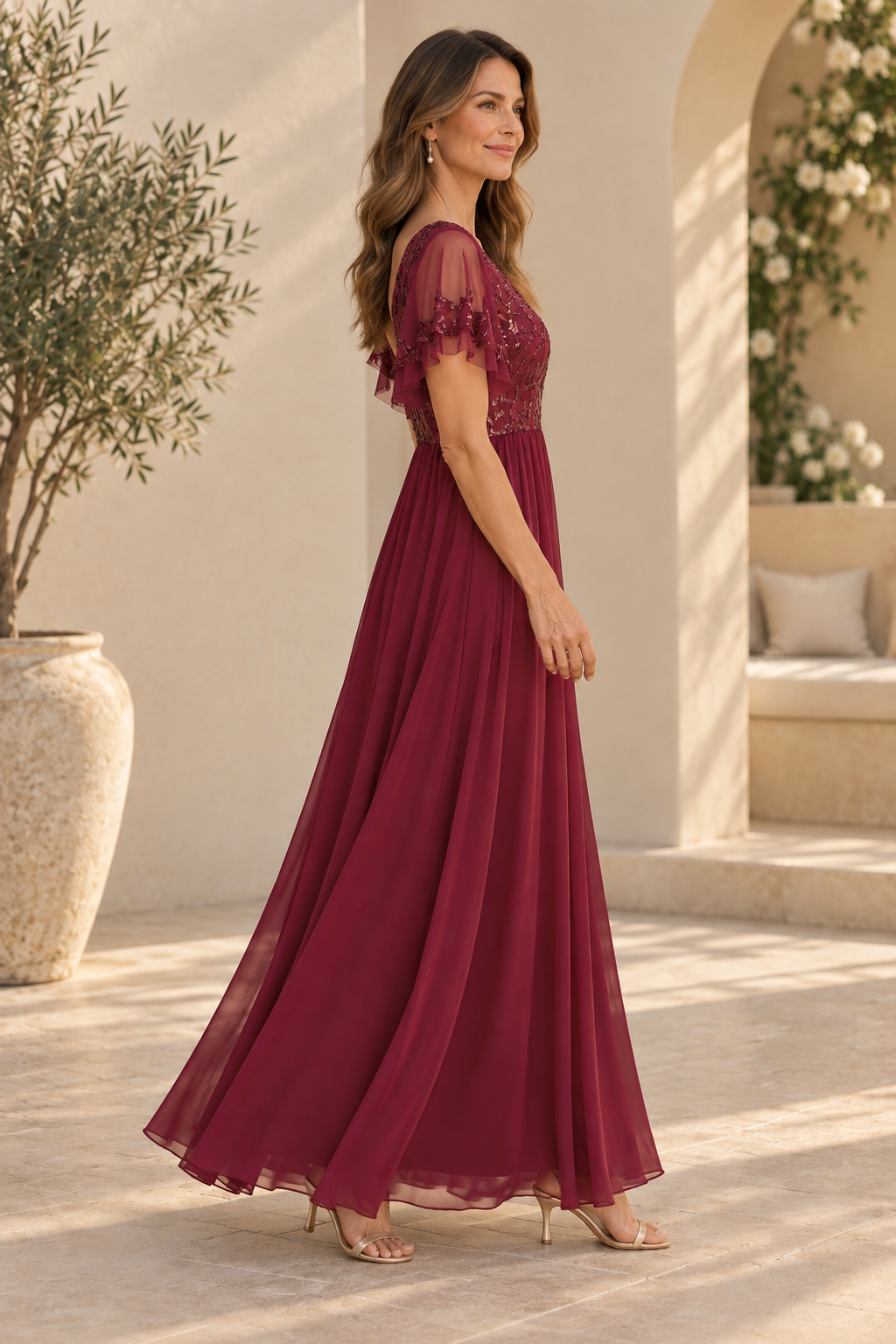 Sequin V-Neck Maxi Dress with Flutter Sleeves