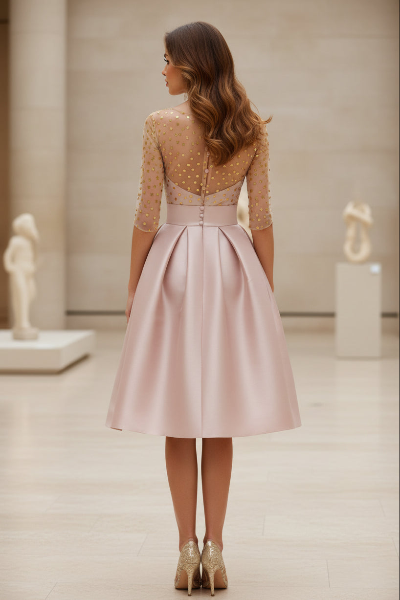 Polka Dot Illusion Bodice Pleated Satin Cocktail Dress