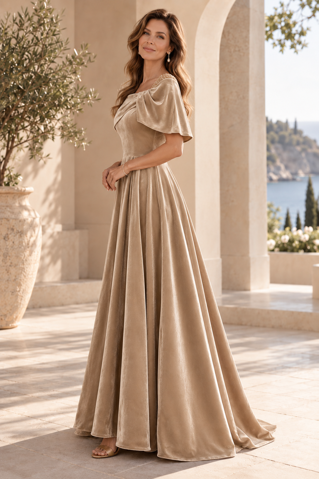 Velvet Cape Collar A-Line Gown with Beading