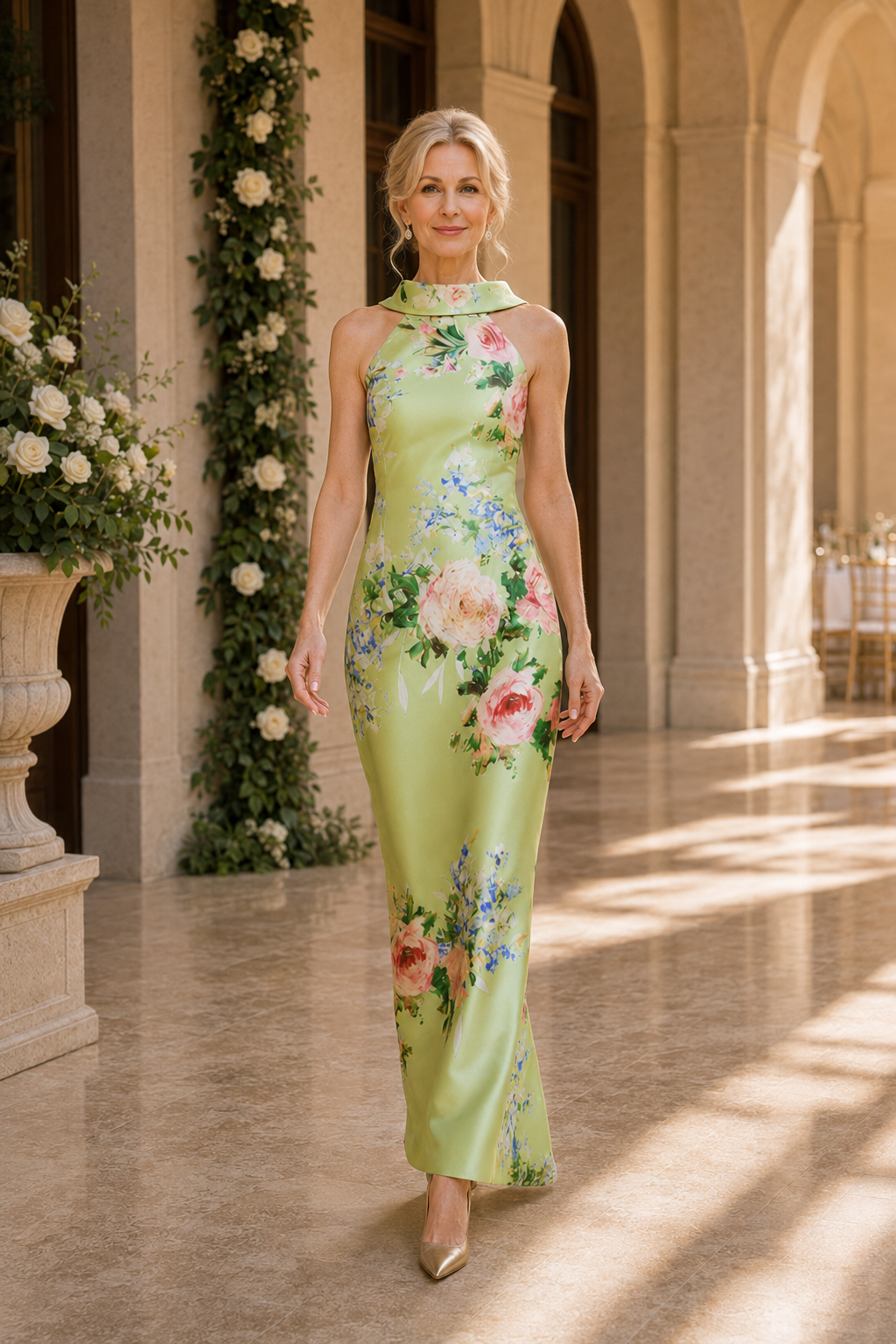 Floral Print High Neck Maxi Dress with Bow