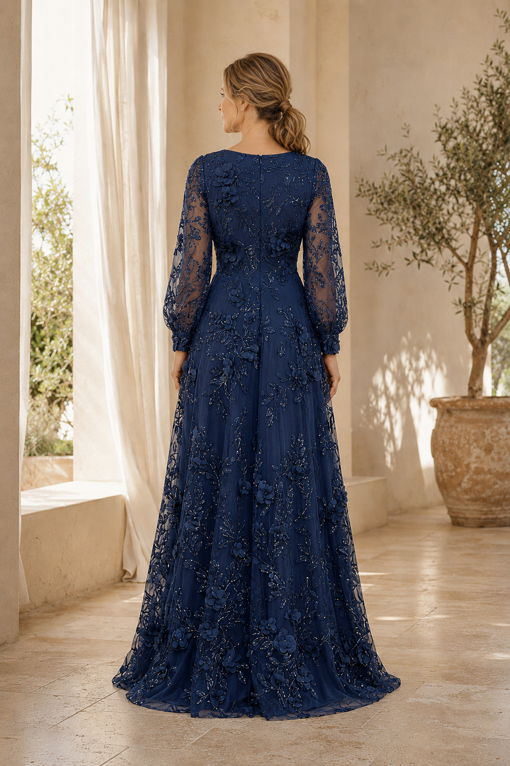 Long Sleeve Lace A-Line Gown with 3D Floral Appliques