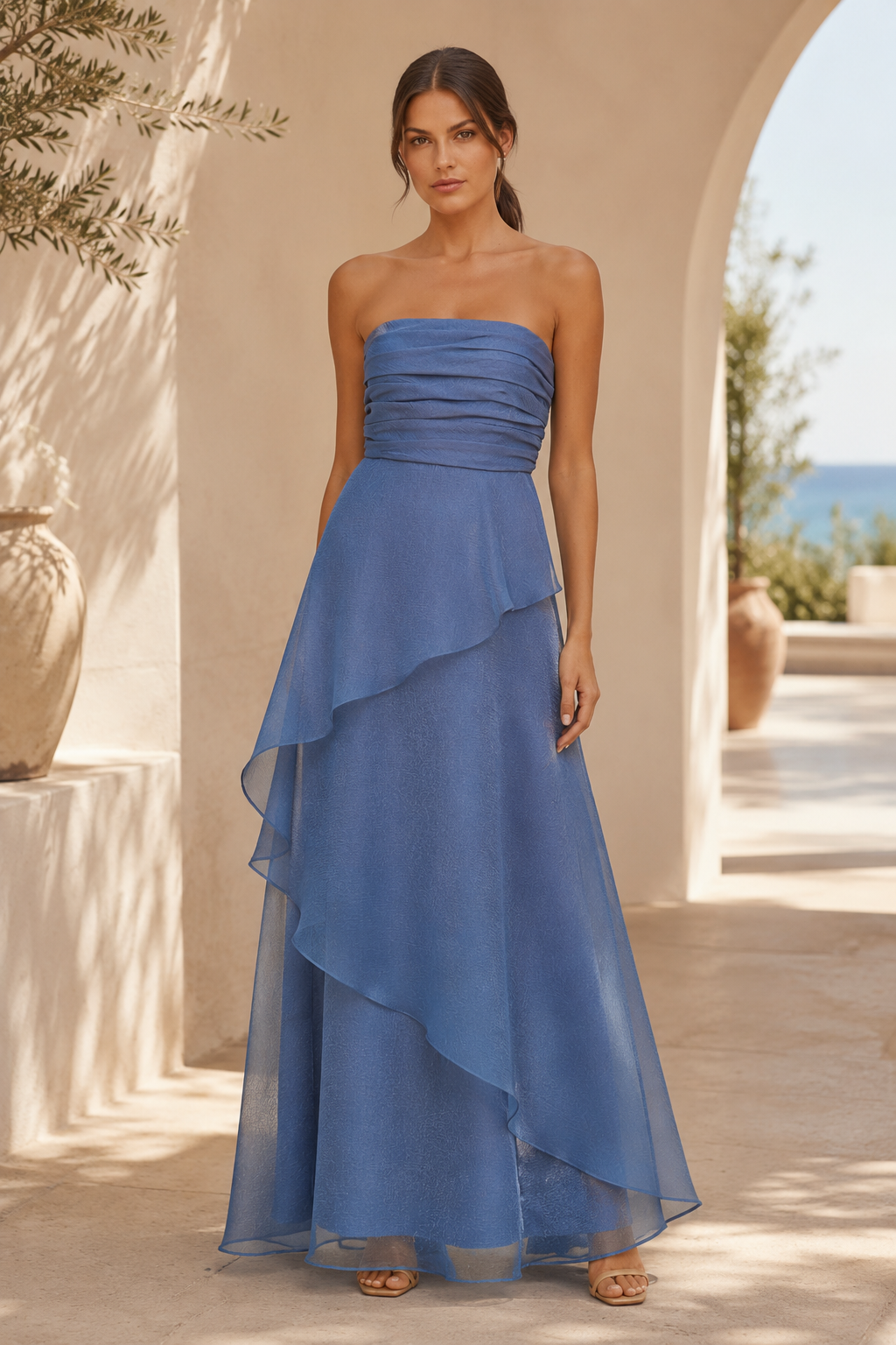 Strapless Tiered Organza Maxi Evening Gown