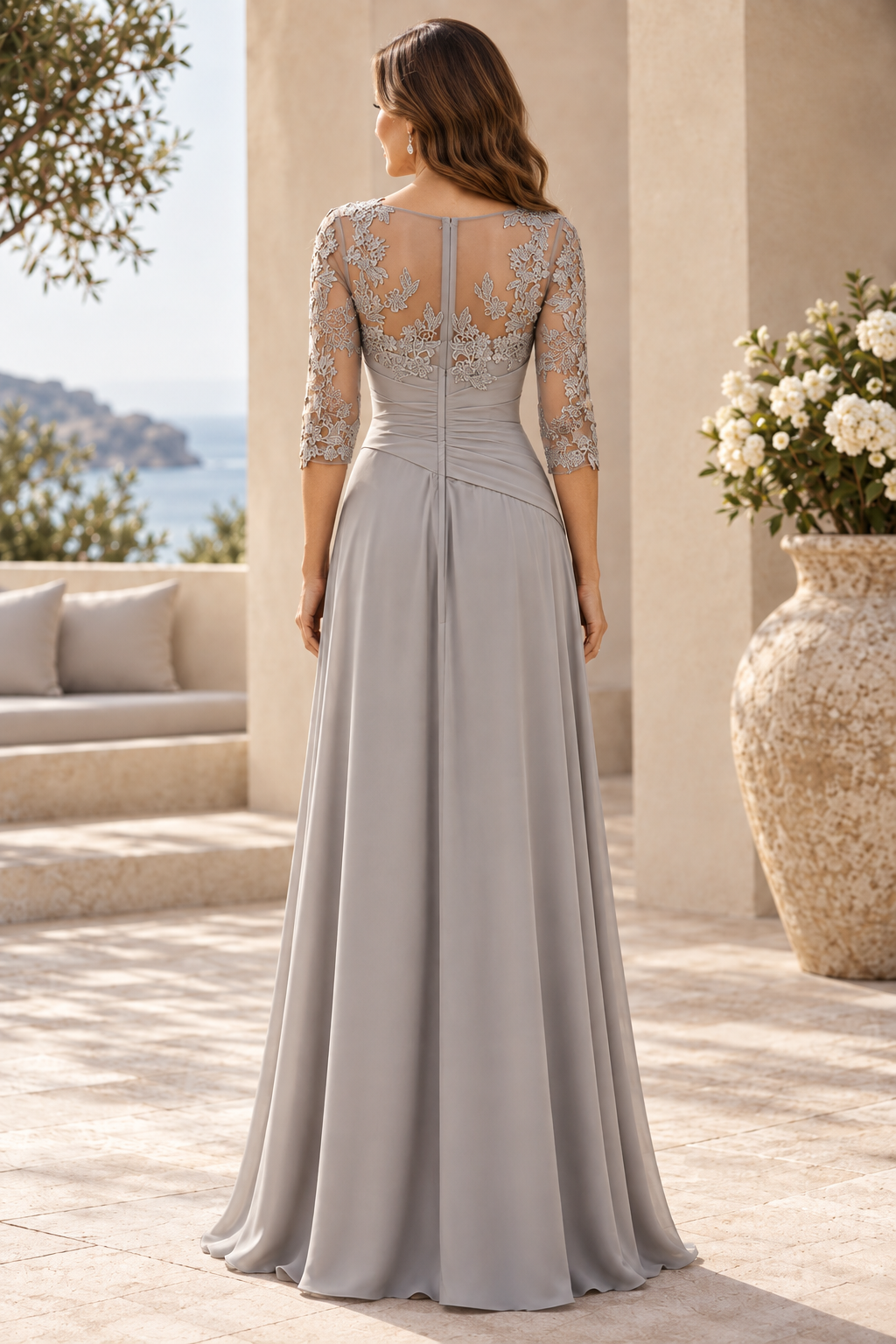 Lace 3/4 Sleeve Pleated Gown with Cascade Ruffle