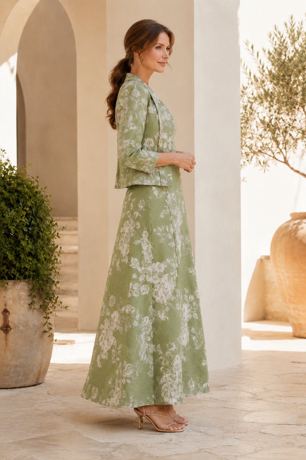 Floral Jacquard A-Line Maxi Dress with Cropped Jacket Set