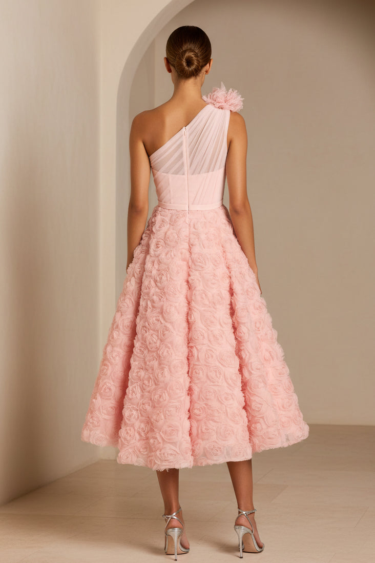 One-Shoulder 3D Floral Rosette Midi Dress