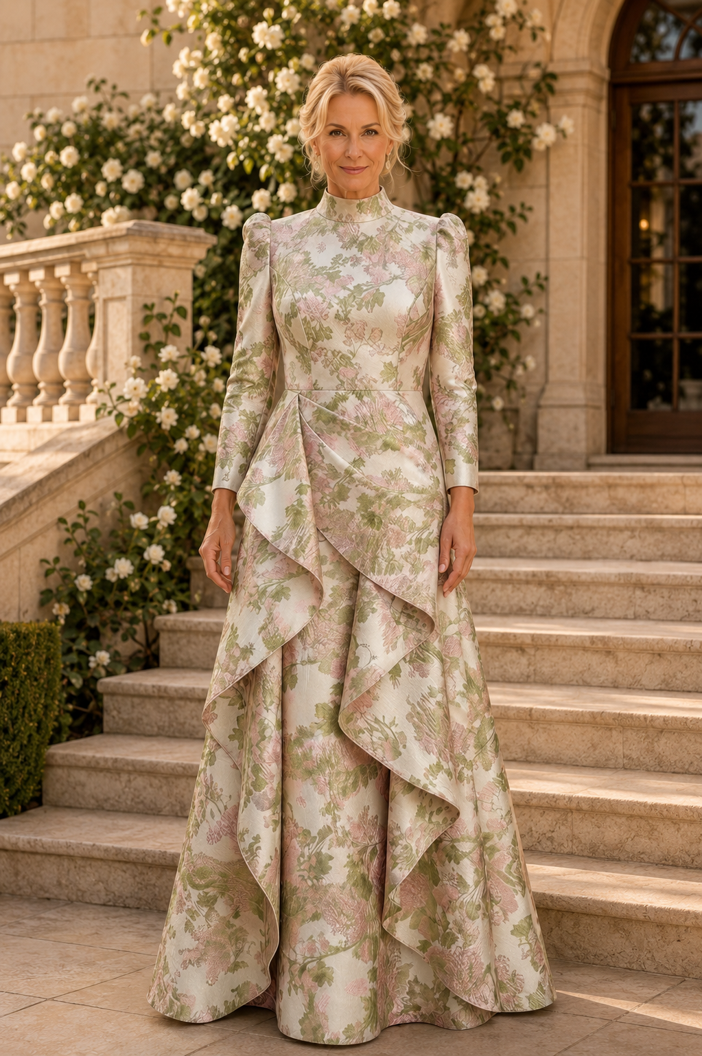 High-Neck Floral Jacquard Gown with Cascading Ruffles