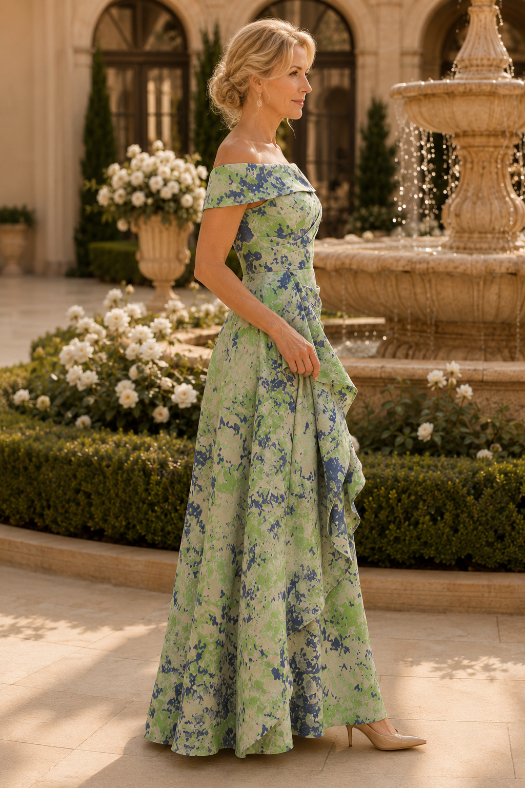 Off-the-Shoulder Pleated Tiered A-Line Gown