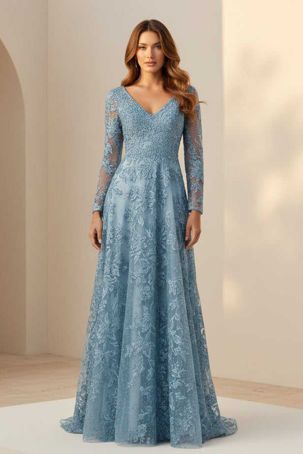 Long Sleeve V-Neck Lace A-Line Evening Gown