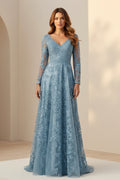 Long Sleeve V-Neck Lace A-Line Evening Gown
