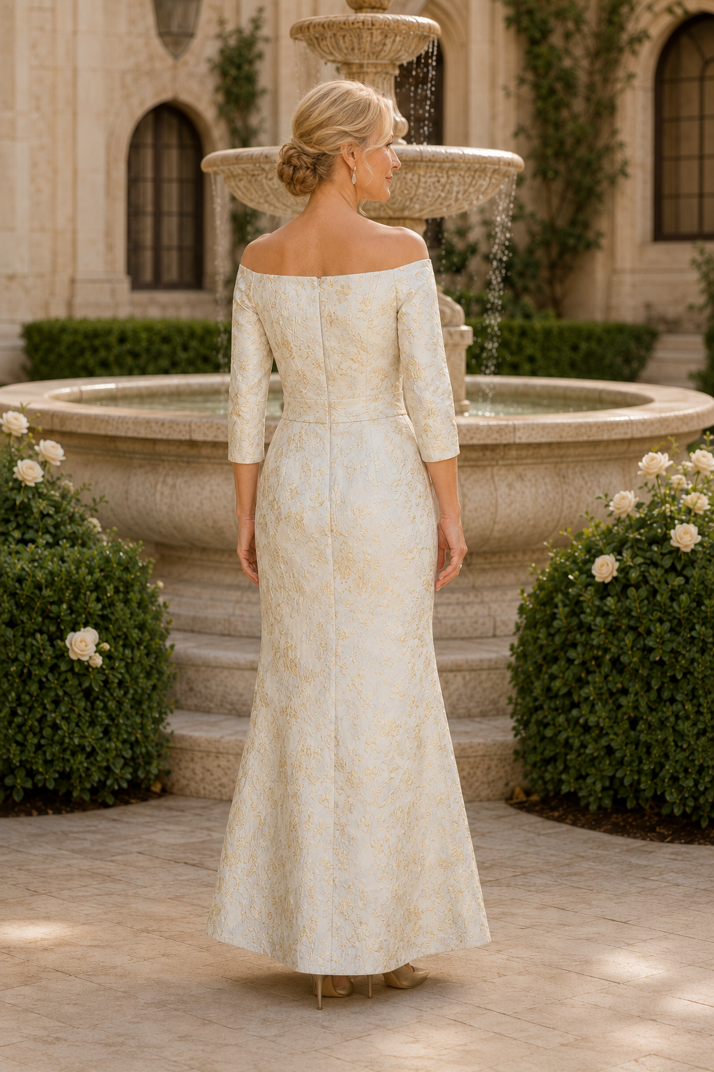 Off-the-Shoulder 3/4 Sleeve Jacquard Gown