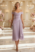 Off-the-Shoulder Pleated Midi Dress with Ruched Bodice