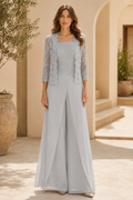 Lace Bodice Wide-Leg Pantsuit with 3/4 Sleeve Jacket