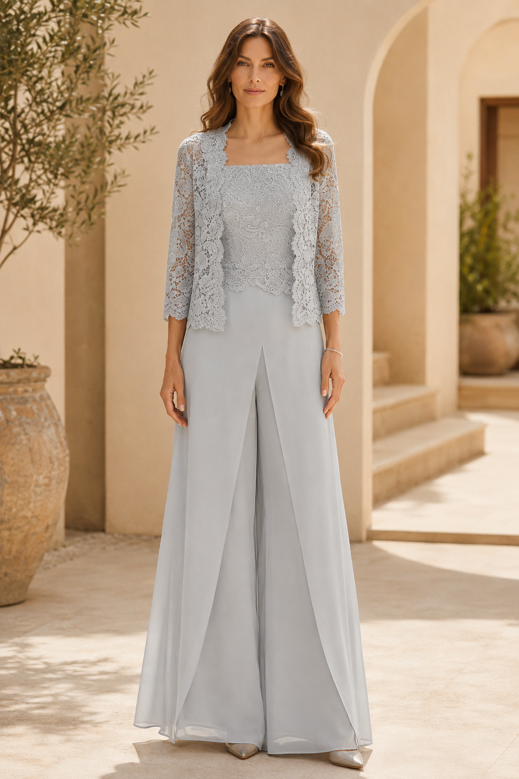Lace Bodice Wide-Leg Pantsuit with 3/4 Sleeve Jacket