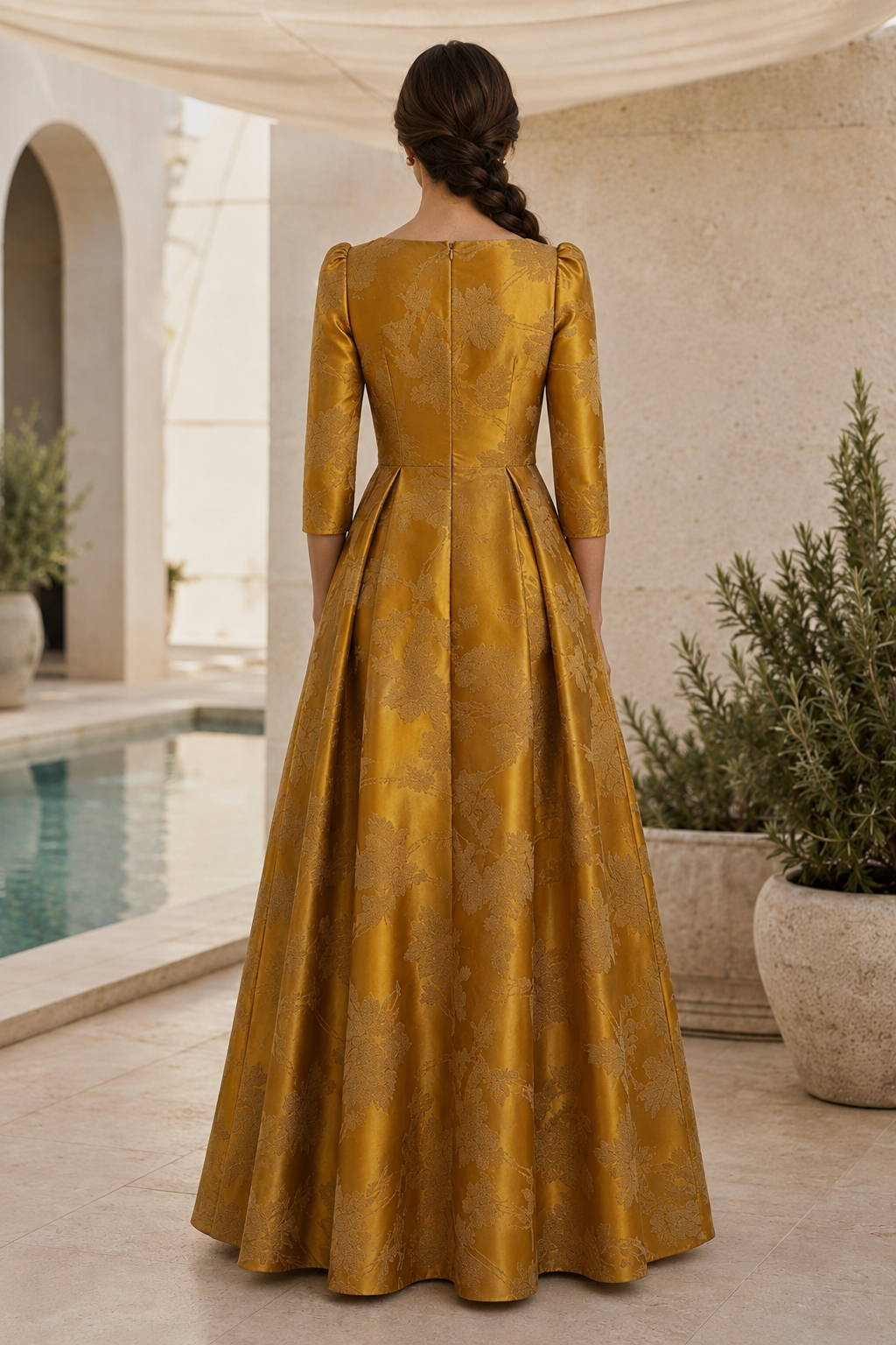 Jacquard High-Low A-Line Gown with 3/4 Sleeves