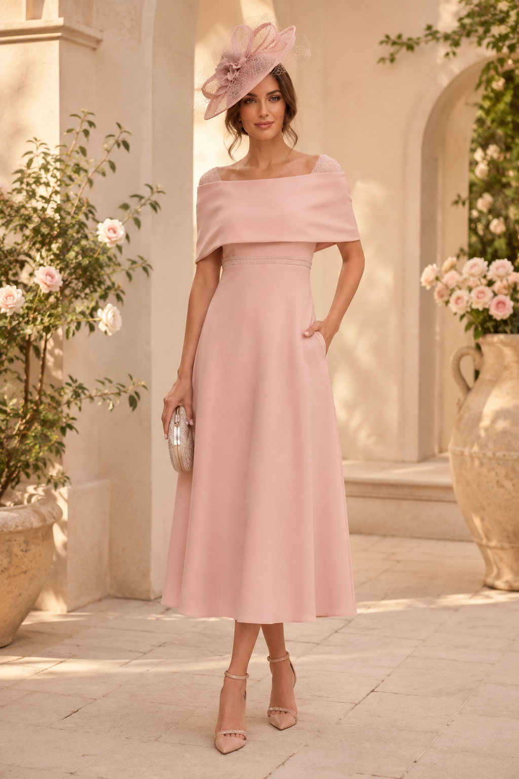 Off-the-Shoulder Midi Dress with Bow-Tie Back Detail