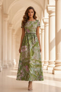 Floral Jacquard Maxi Dress with Beaded Belt